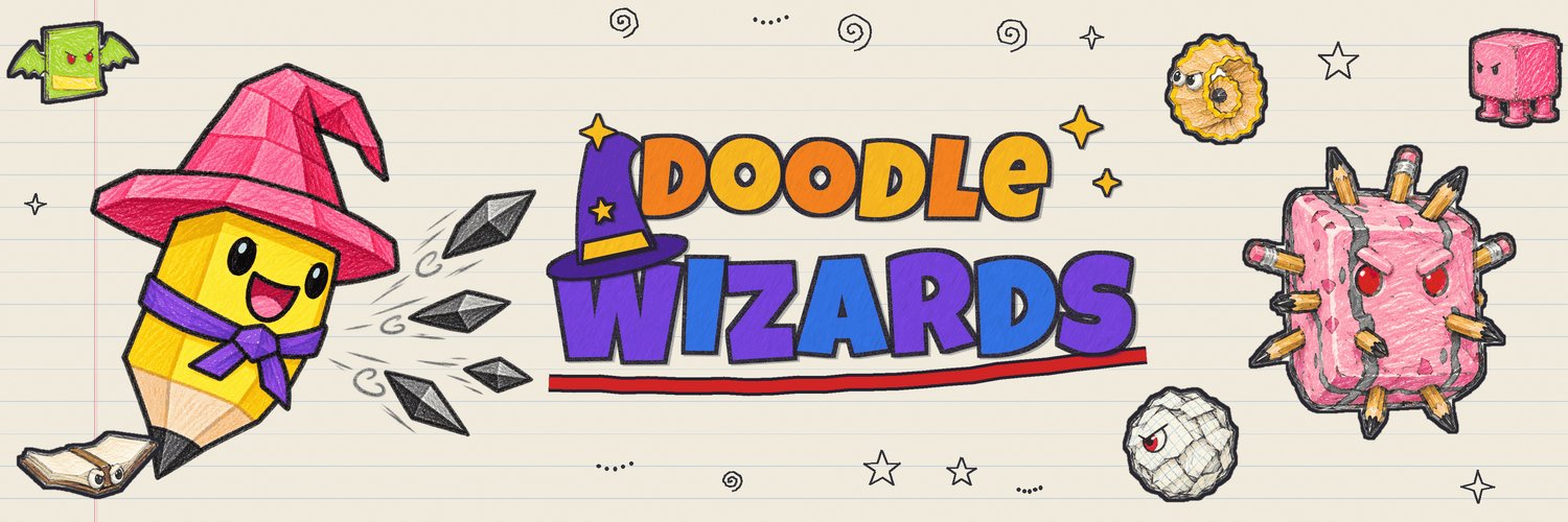 Doodle Wizards: a pencil wizard in a pink hat fires ink shards at doodled monsters on lined notebook paper